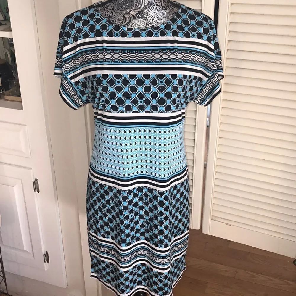 Art Deco Turquoise & Black Print Stretch Shift Dress by WHBM XS